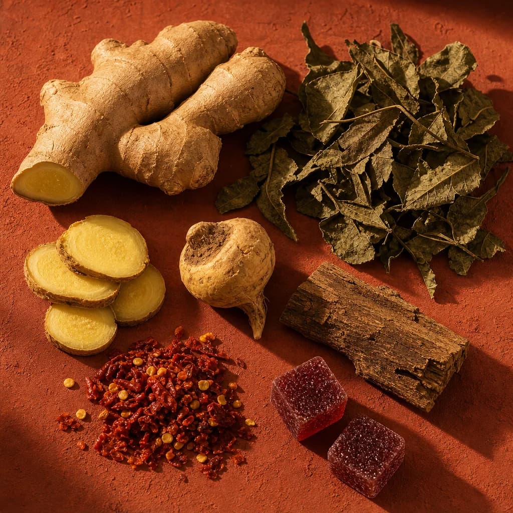Ginger, maca root, muira puama bark and chilli beside two red cubes